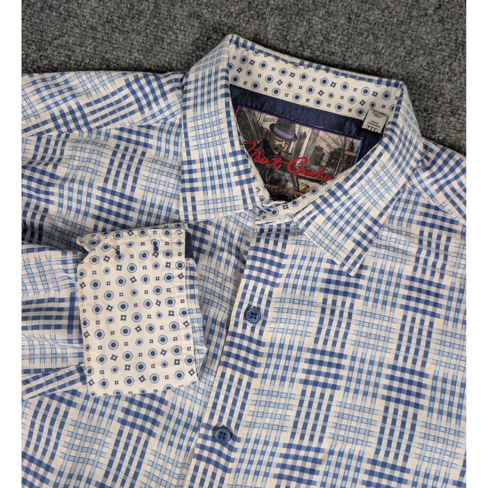 Robert Graham Button Front Shirt Men 2XL Blue Plaid Classic Fit Cotton Flip Cuff